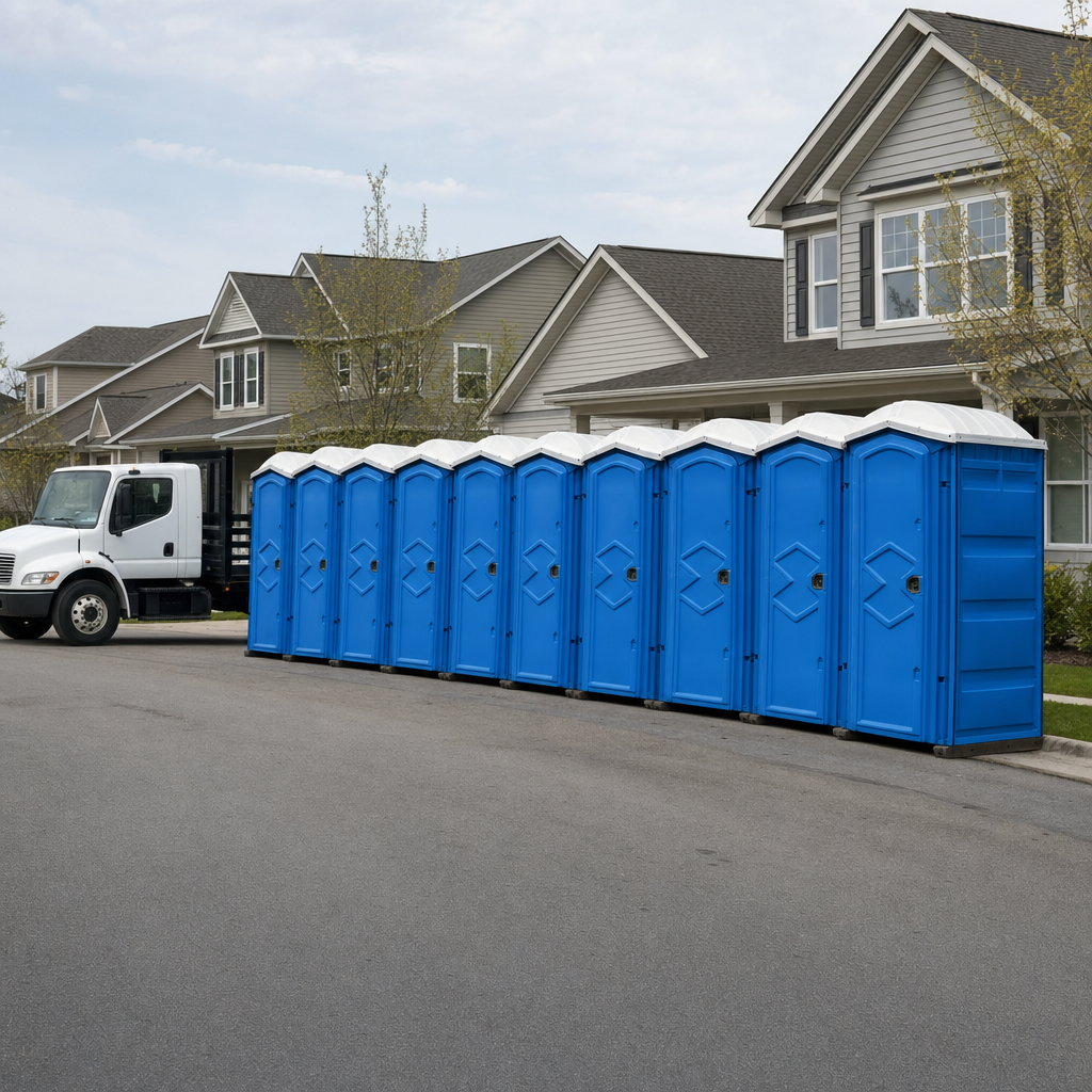 Royal blue portable toilets staged in a tidy row at a Austin jobsite, ready for delivery